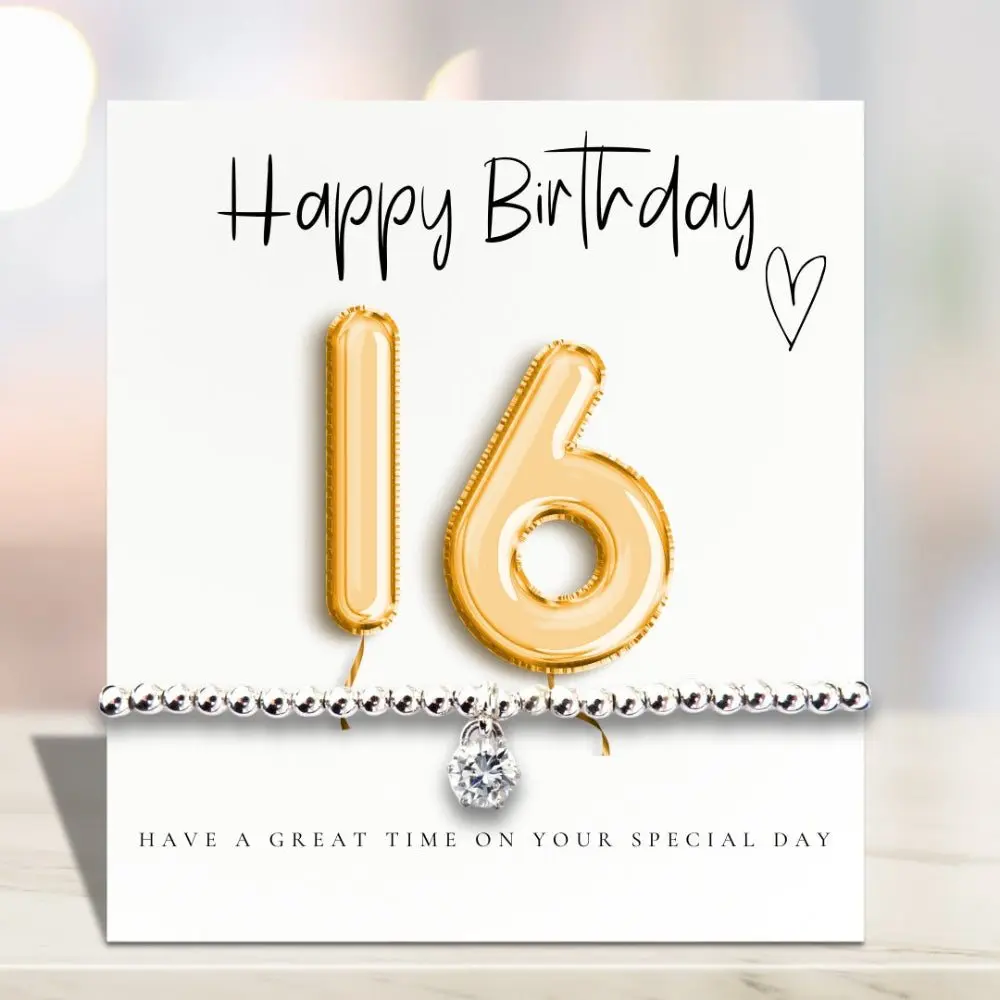 Silver beaded bracelet and gold balloons message card