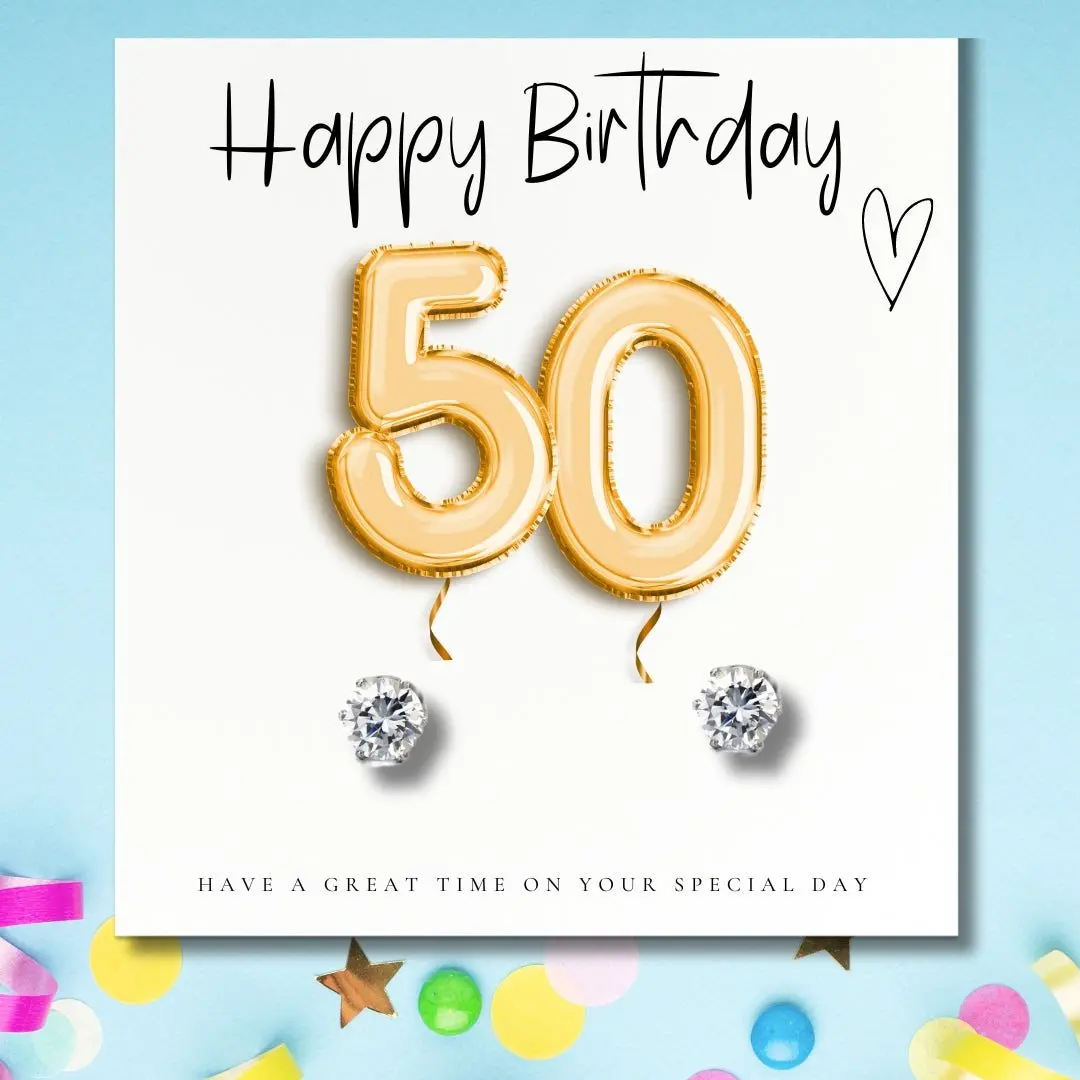 Silver cubic zirconia stud earrings with a gold balloons message card