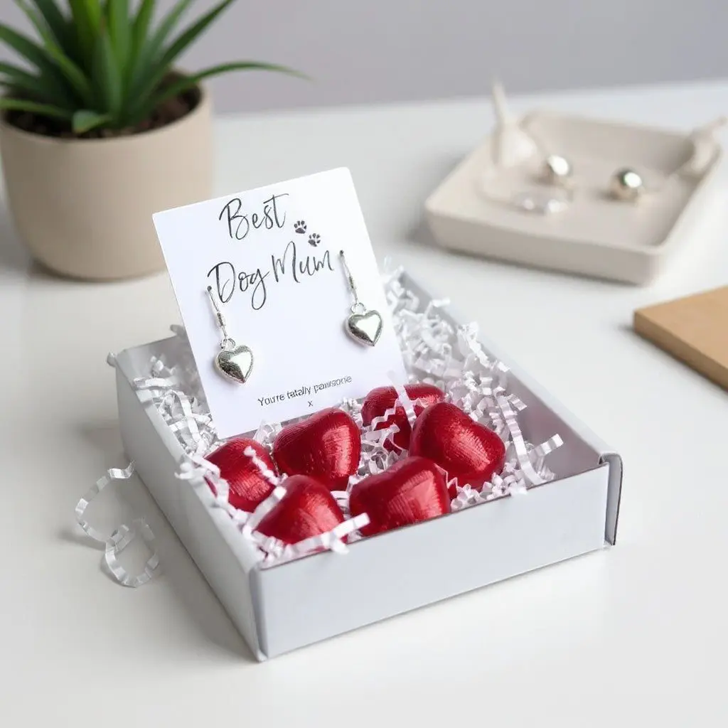 Silver heart earrings on a Best Dog Mum message card in a mini gift hamper