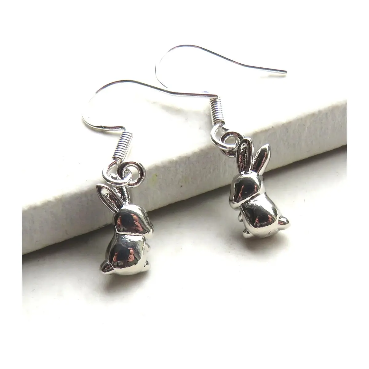 Silver plated bunny rabbit drop earrings on nickel free hooks