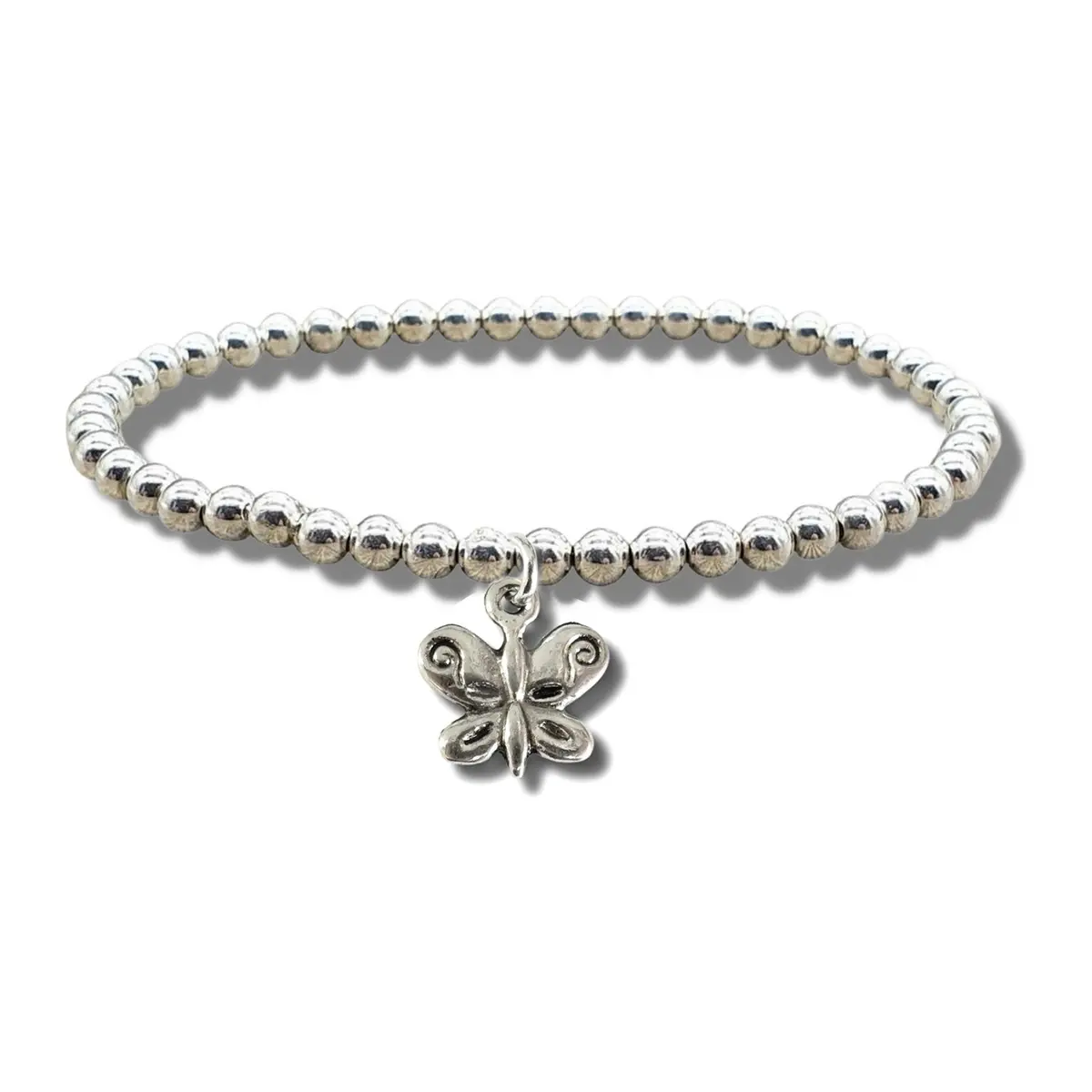 Silver beaded stretch bracelet with a silver plated butterfly charm