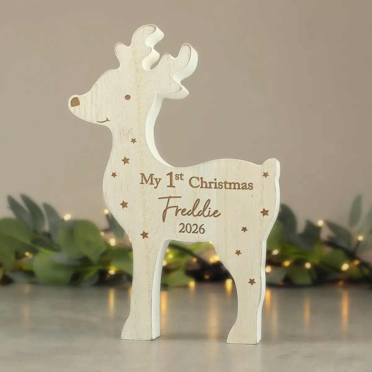 Rustic wooden reindeer decoration personalised for baby's 1st Christmas