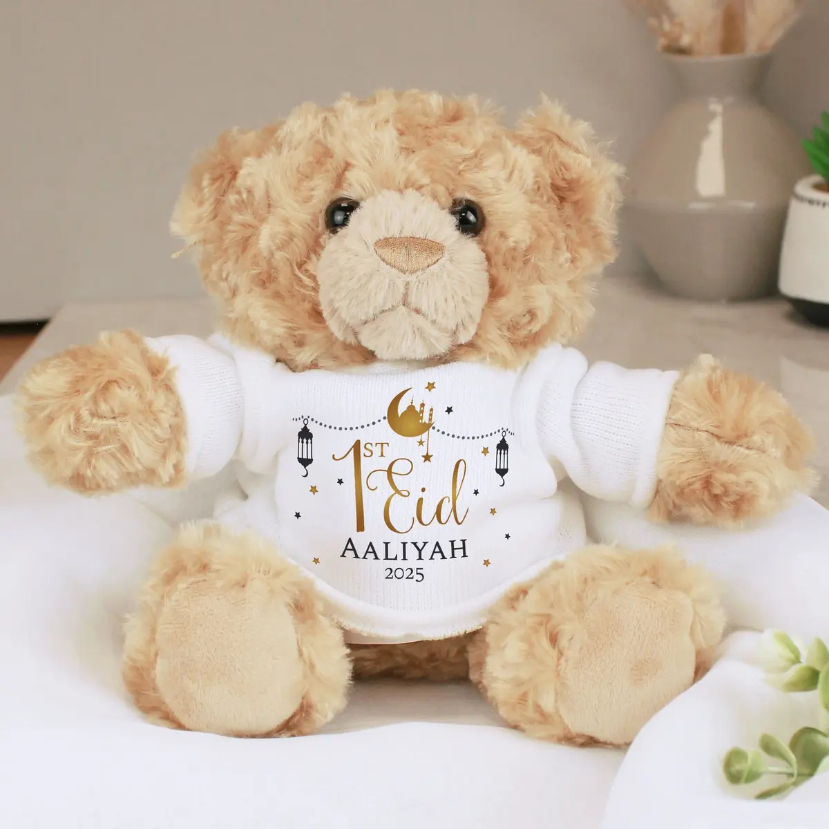 Personalised plush 1st Eid teddy bear with a name and year on its t-shirt