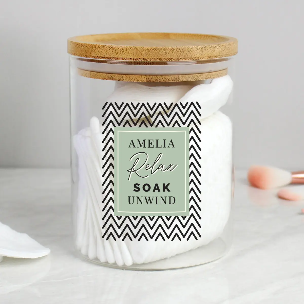 Personalised glass jar with a bamboo lid