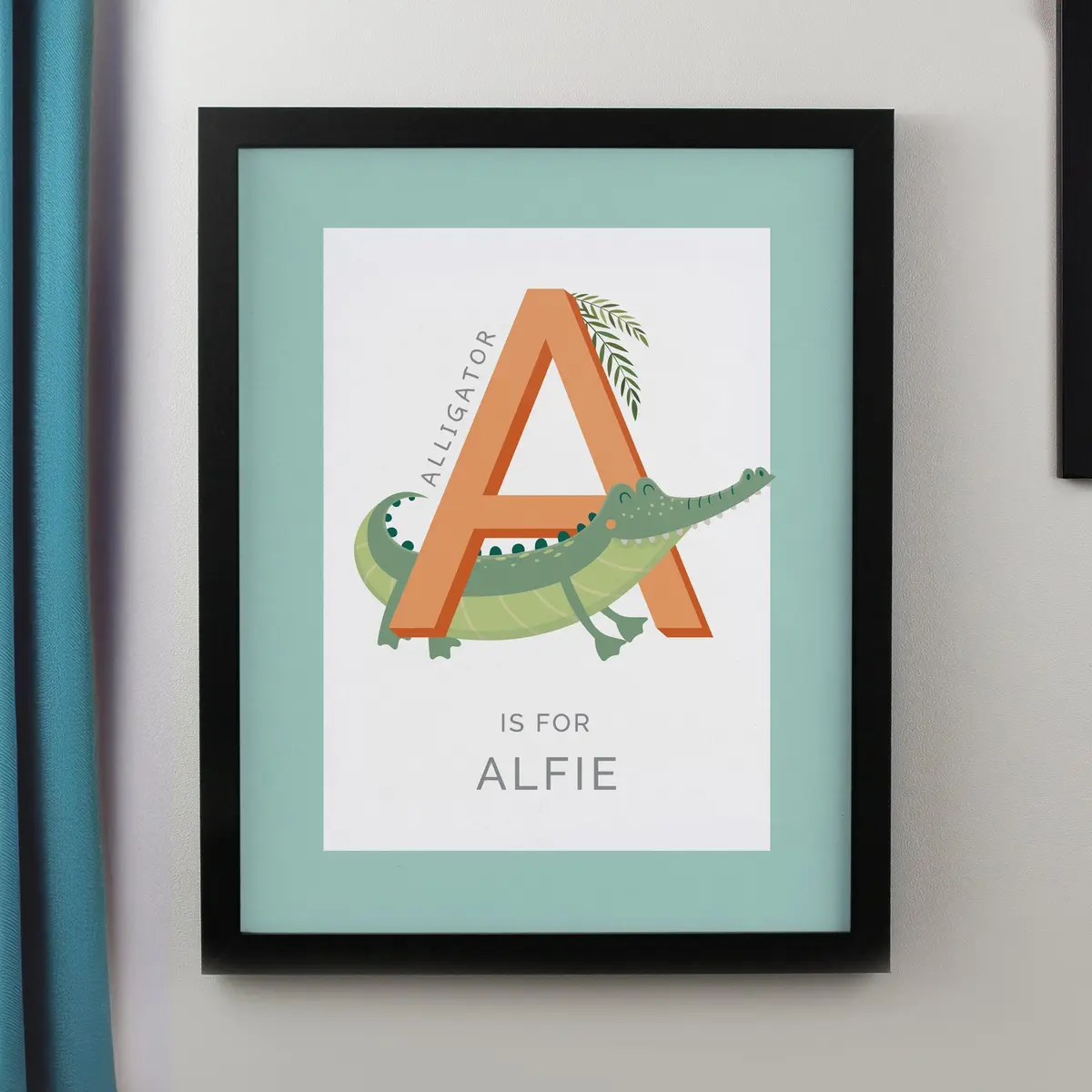 Colourful animal alphabet framed print in a black or white frame