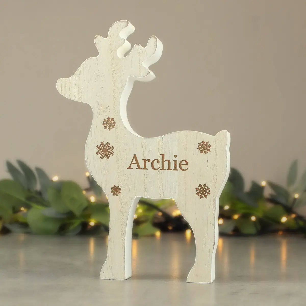 Rustic wooden reindeer Christmas decoration with a personalised name