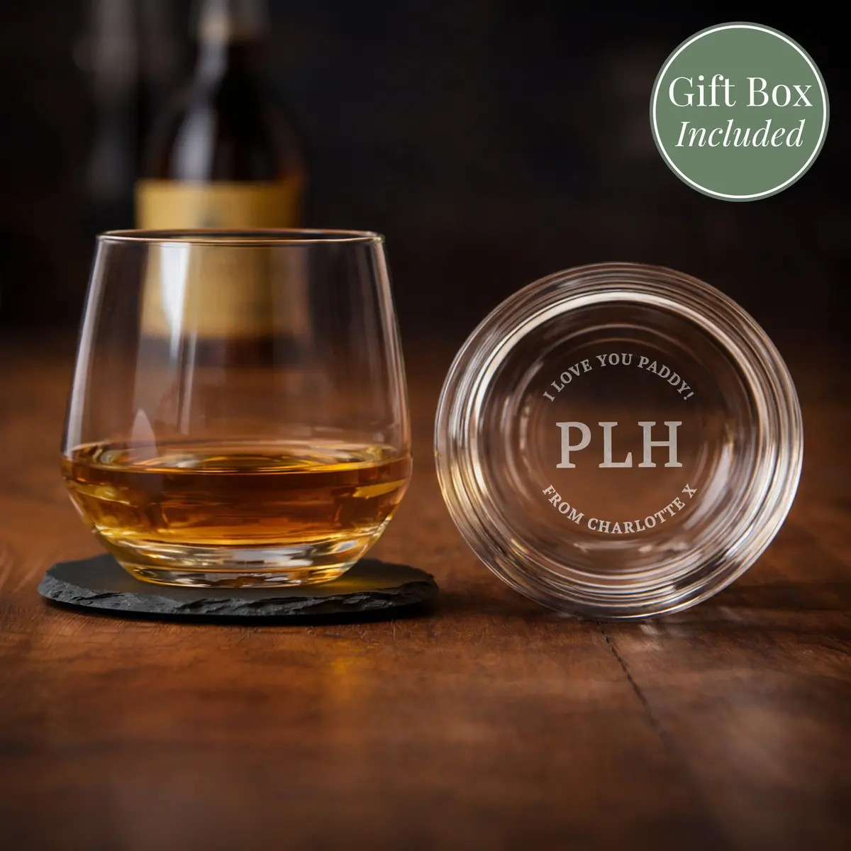 Personalised initials and message tumbler with an engraved base