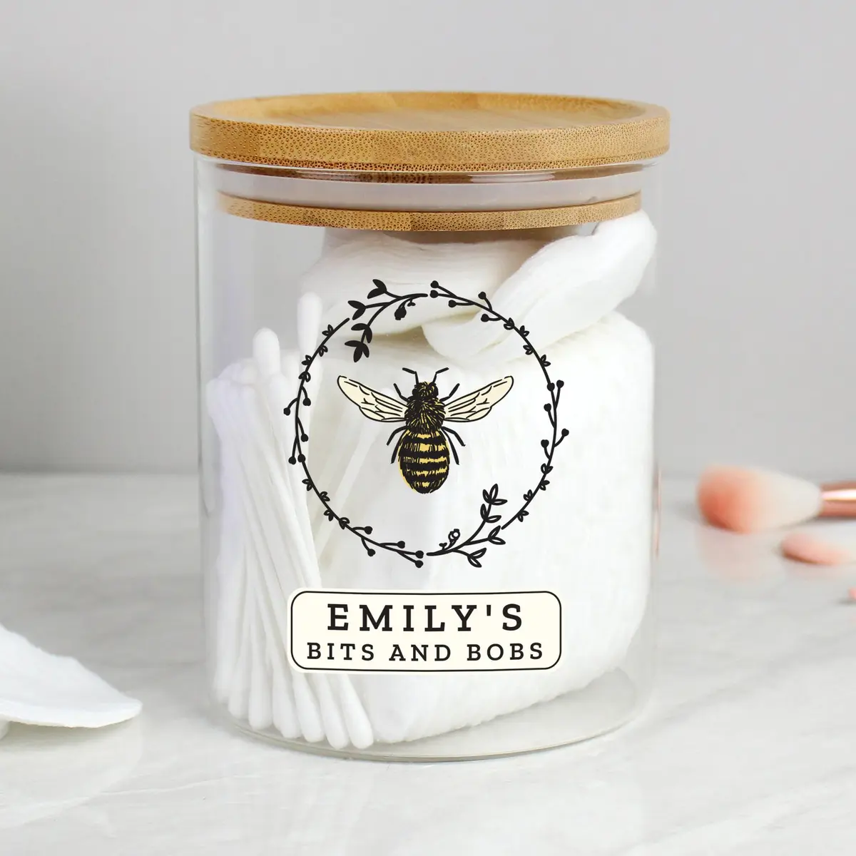 Personalised bee glass jar with a bamboo lid