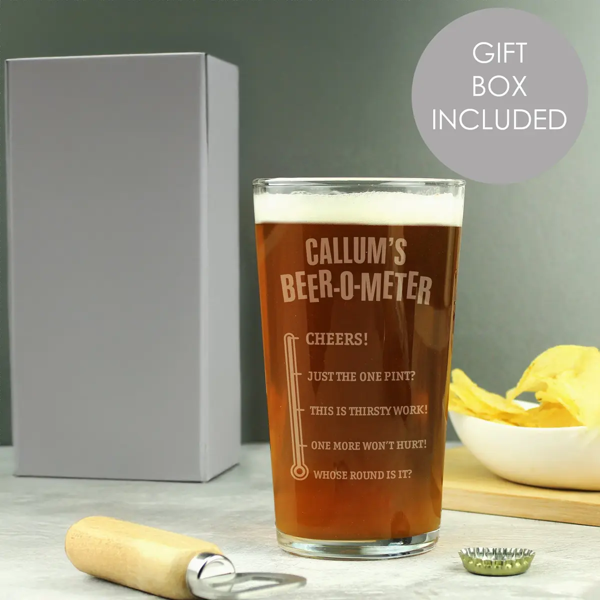 Personalised beer-o-meter pint glass