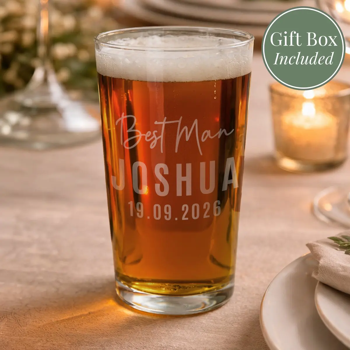 Personalised best man elegant pint glass with two lines of text