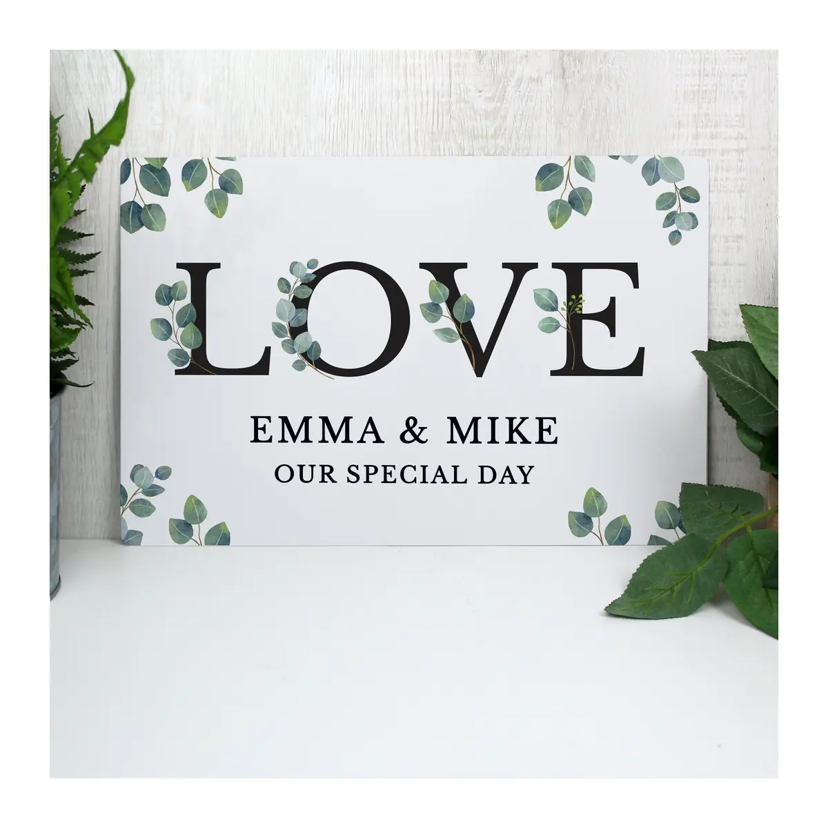 Botanical metal sign with the word LOVE and two lines of personalised text