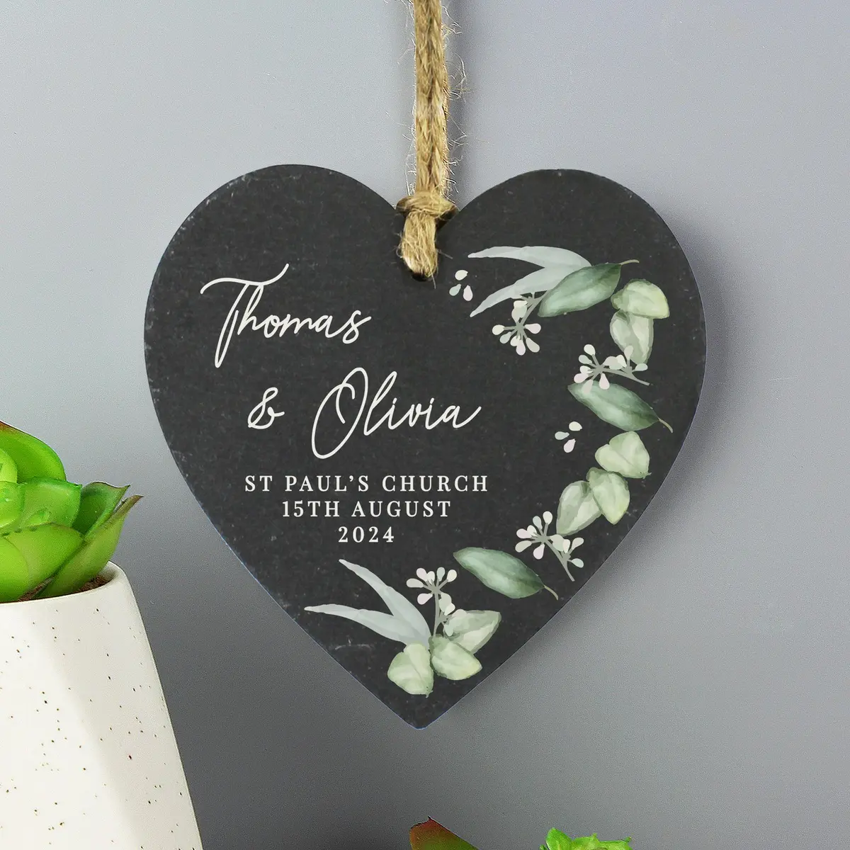 Hanging slate heart decoration with a botanical design and personalised text