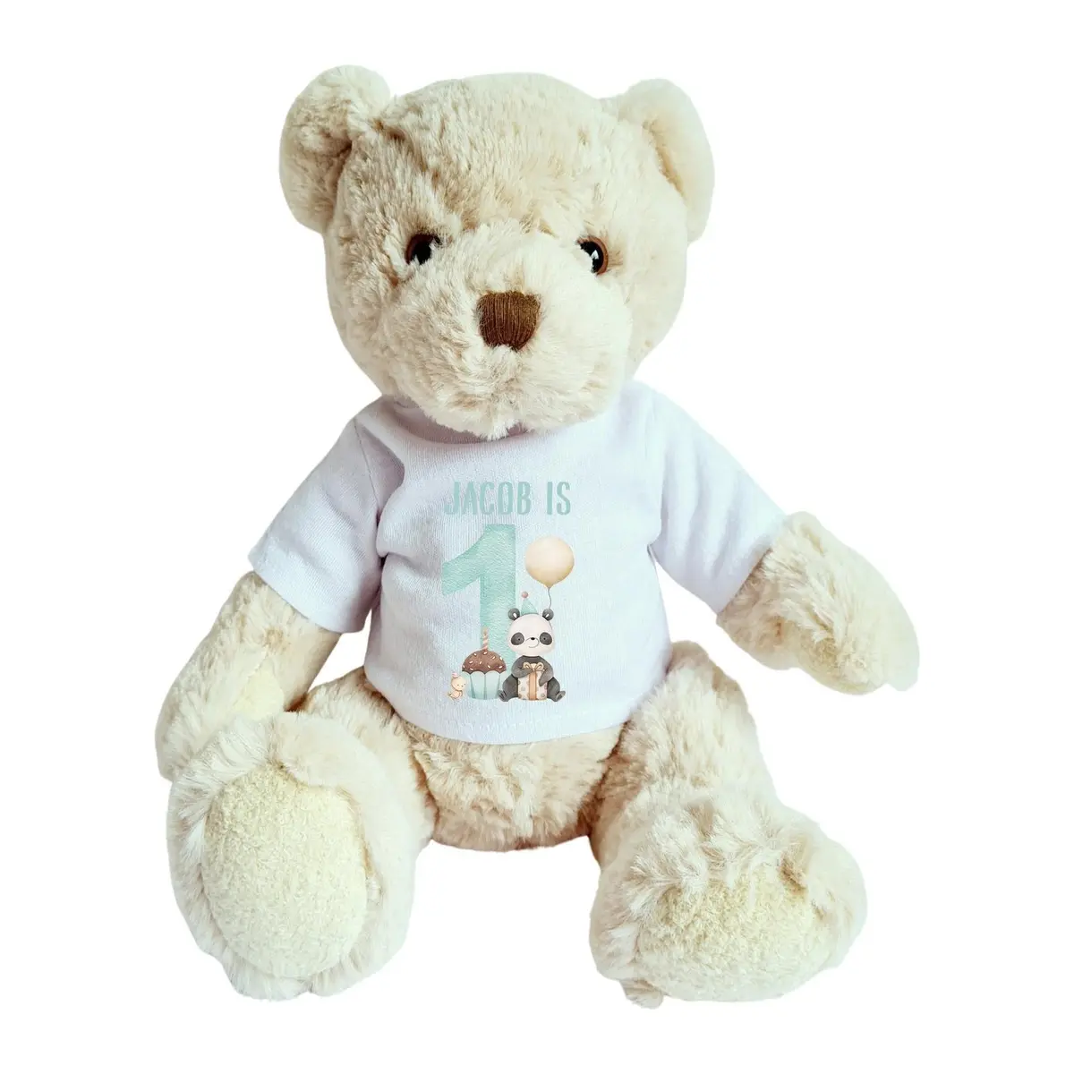 Teddy bear in a 1st birthday panda T-shirt with a large 1 and animals