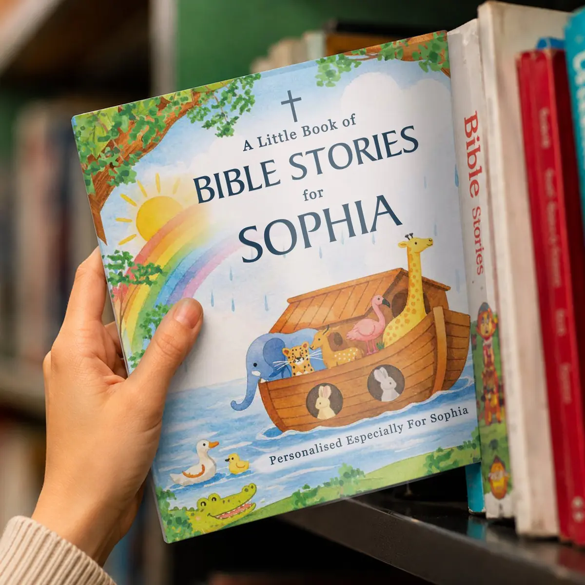 Personalised children's Bible stories book with a child's name on the cover