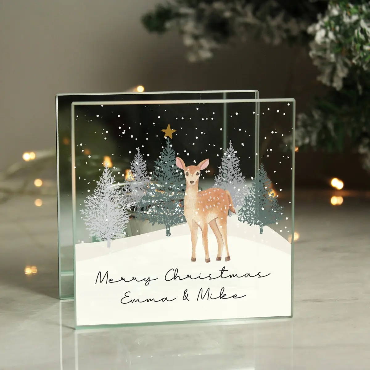 Mirrored glass deer tea light holder with a personalised message