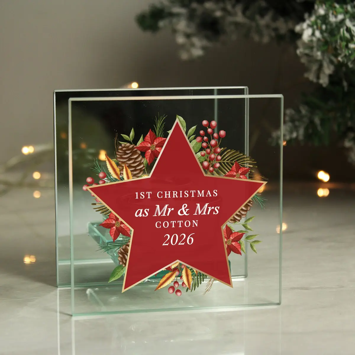 Mirrored glass Christmas tea light holder with personalised lines of text