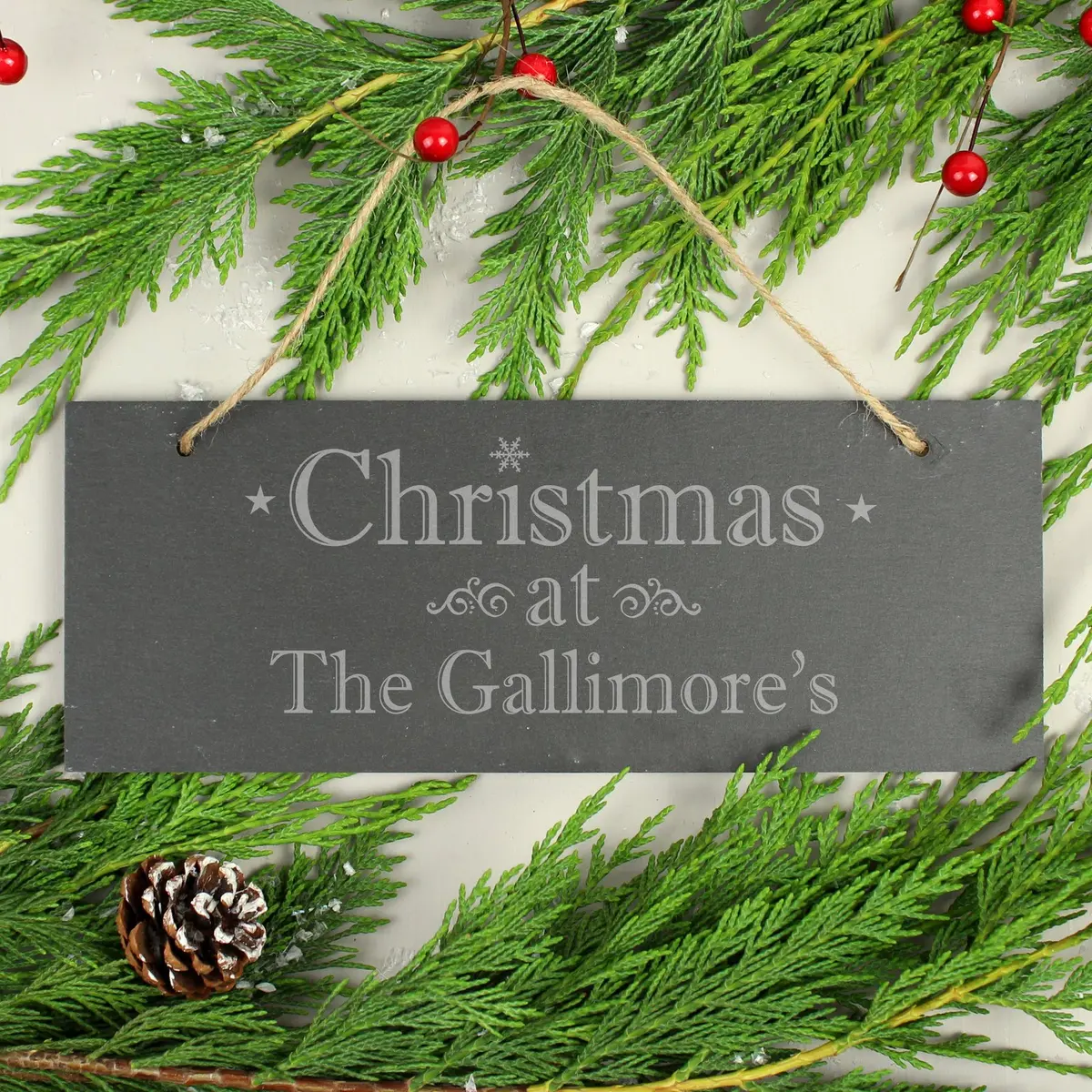 Slate Christmas door plaque reading Christmas at with personalised text