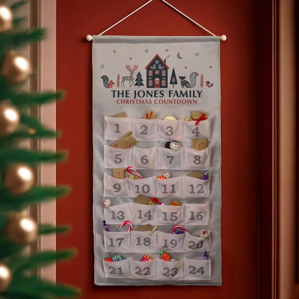 Personalised Christmas advent calendar with 24 pockets