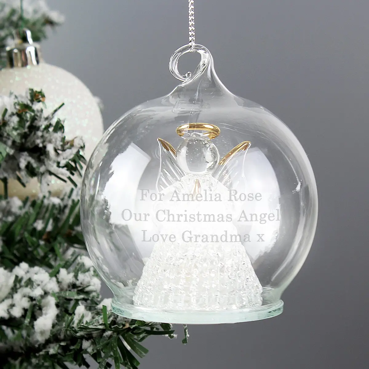 Personalised glass bauble with a light-up LED angel inside