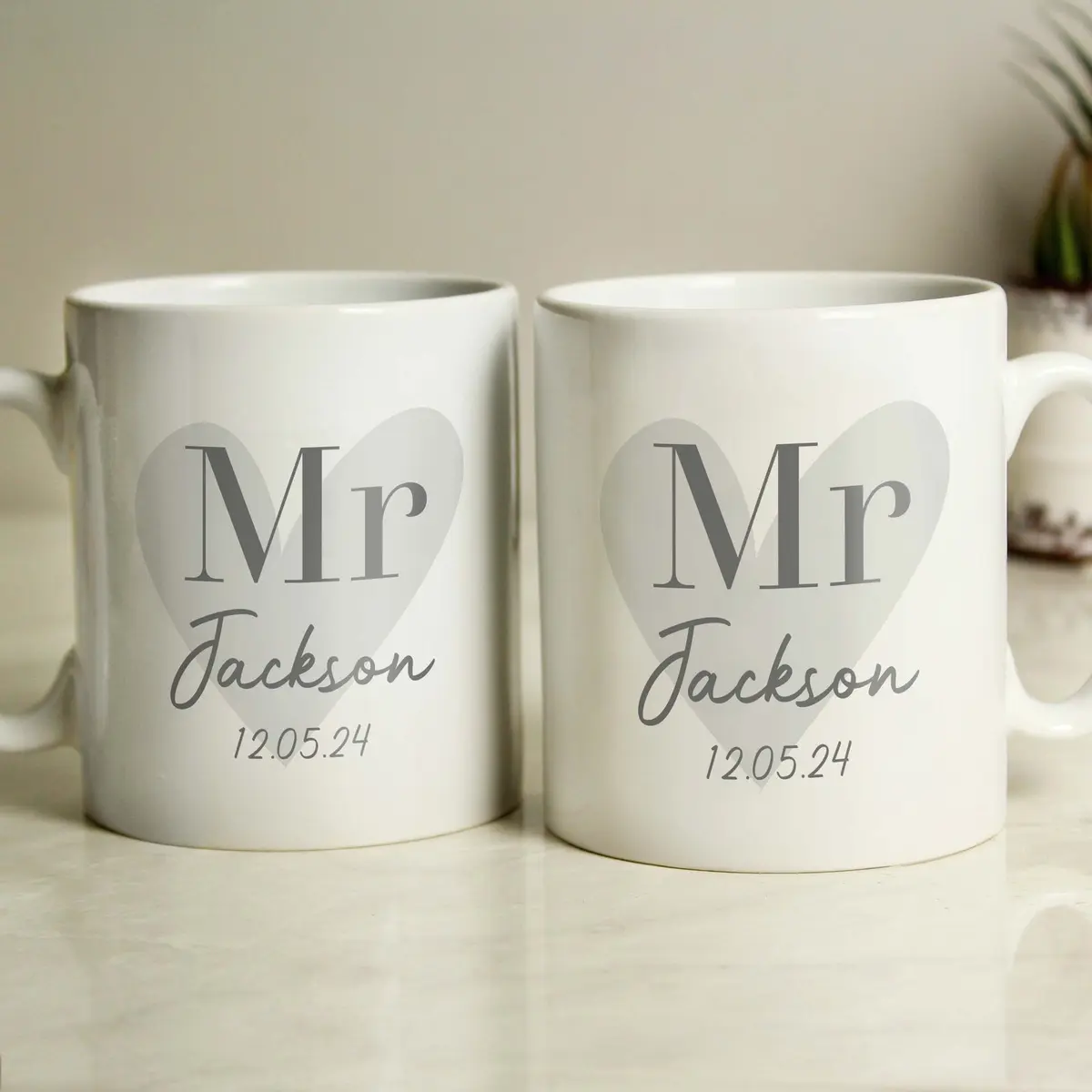 Set of two personalised ceramic couples mugs