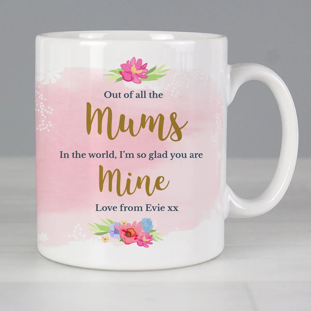 Personalised ceramic mug with a floral watercolour design