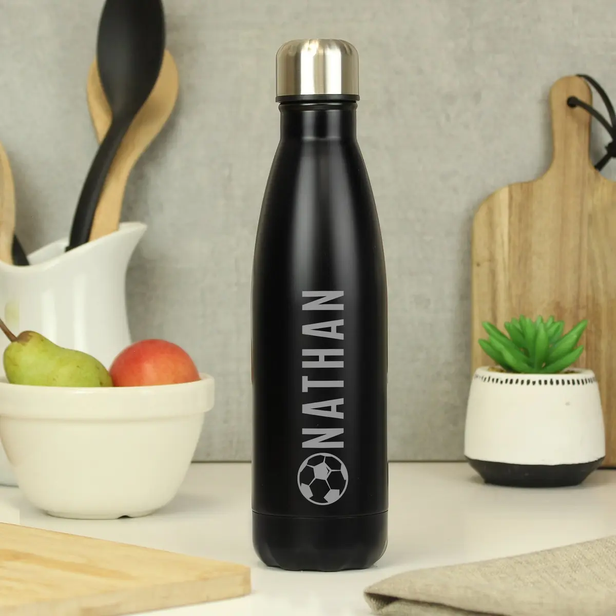 Personalised black matte stainless steel football drinks bottle with screw cap