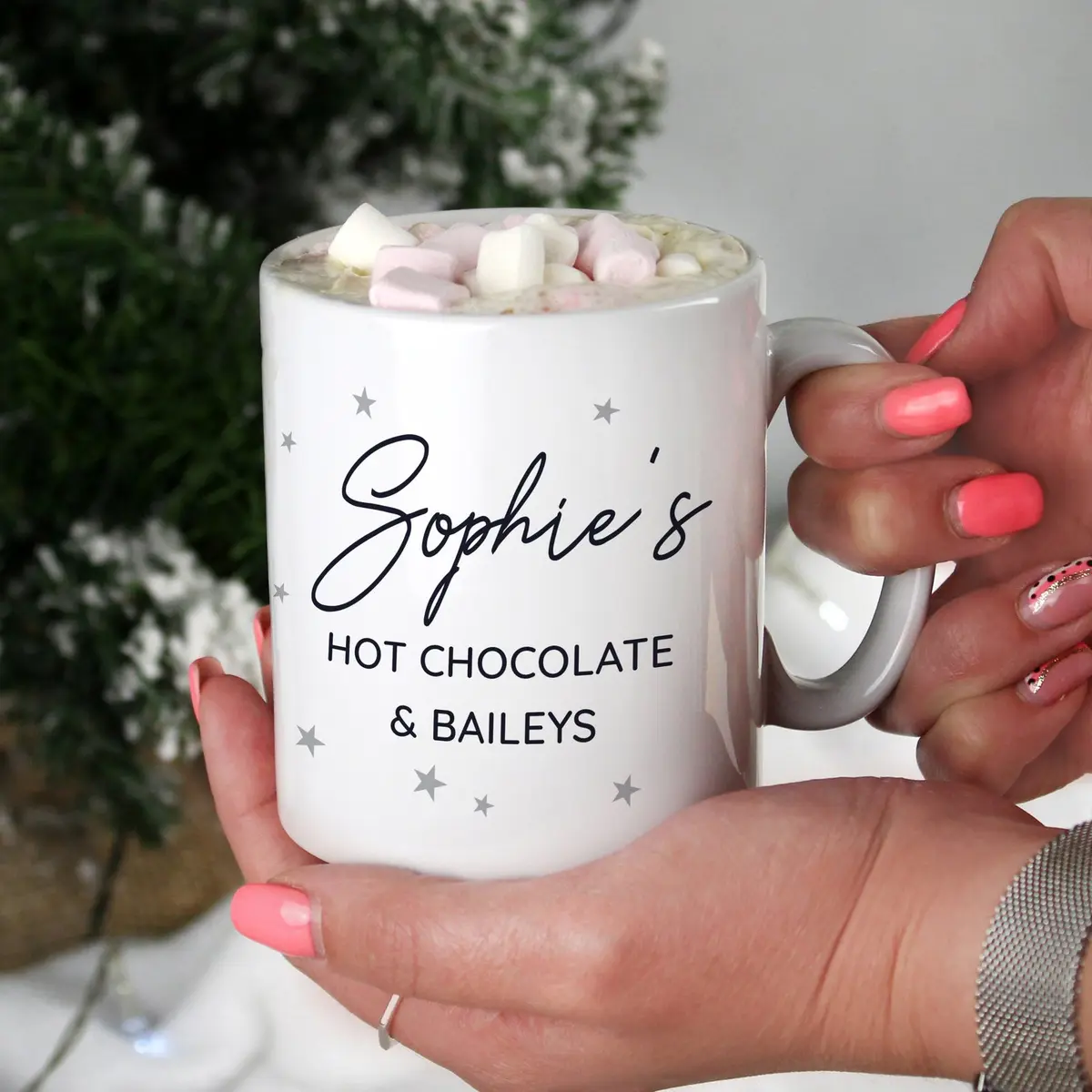 Personalised ceramic mug with a little grey stars design