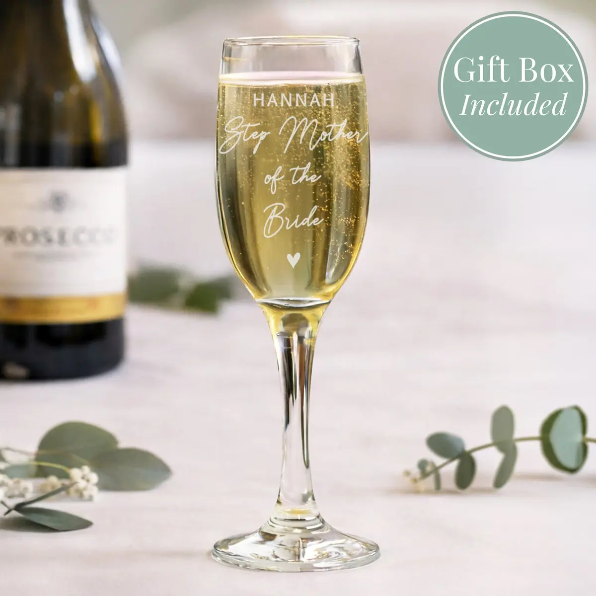 Personalised wedding flute glass with lines of text