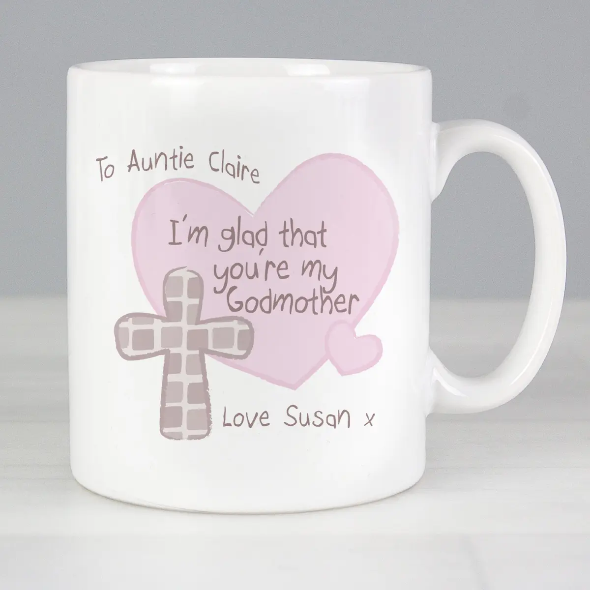 Godmother mug with fixed front wording and personalised names