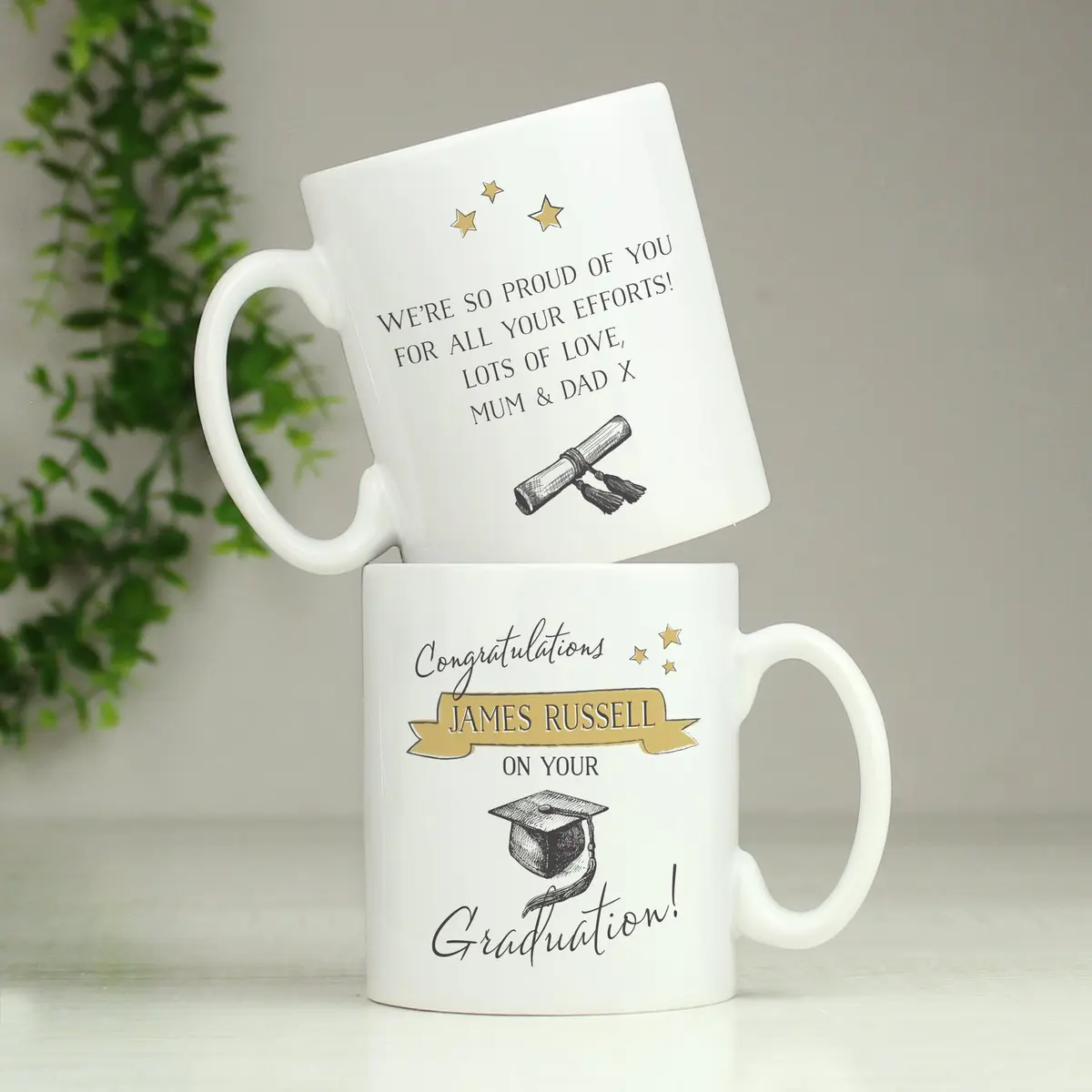 Personalised gold star graduation ceramic mug with a name on the front