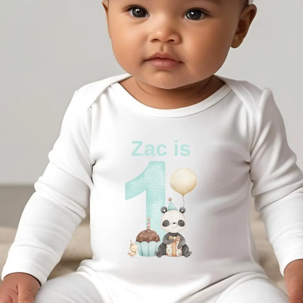 Pale green panda design on a personalised 1st birthday baby grow.