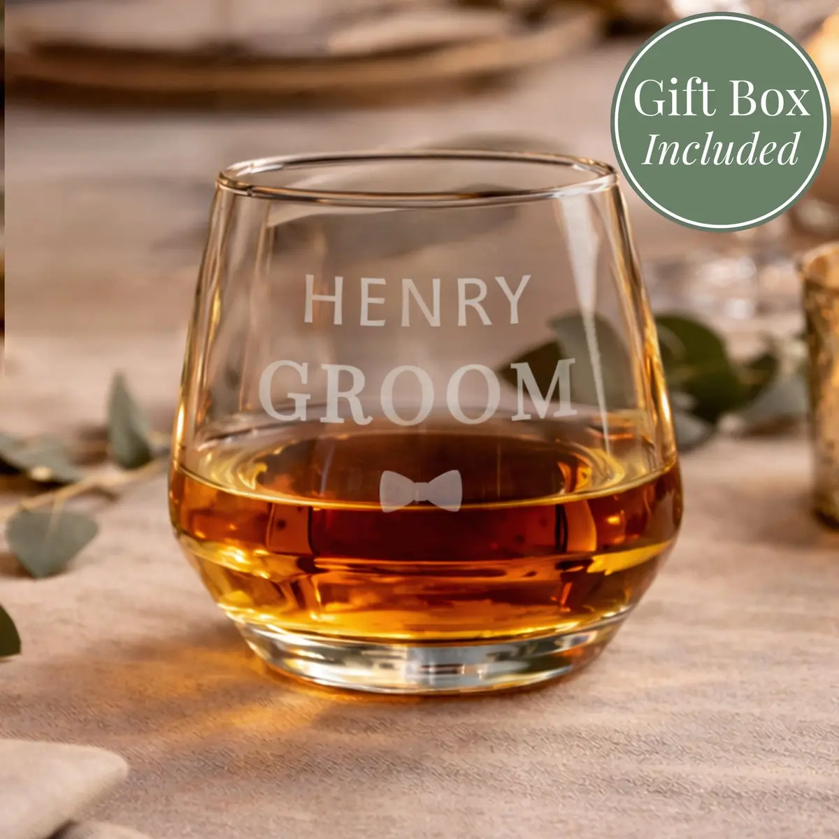 Whisky glass tumbler personalised with Groom and a name