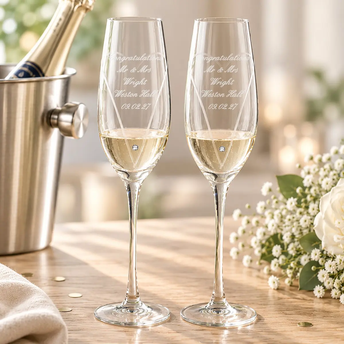 Pair of hand cut heart flutes with a personalised message