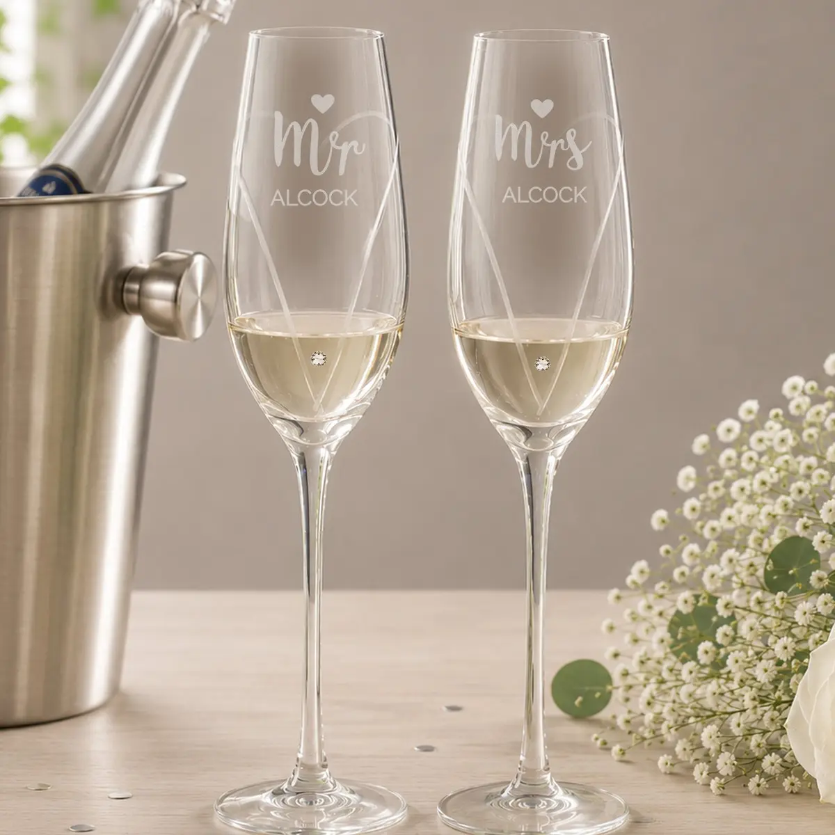 Pair of hand cut Mr & Mrs flutes personalised with a surname