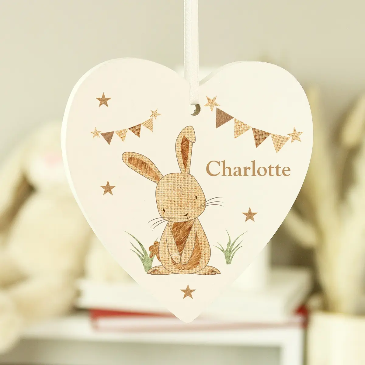 Wooden heart decoration with a hessian rabbit design and a name