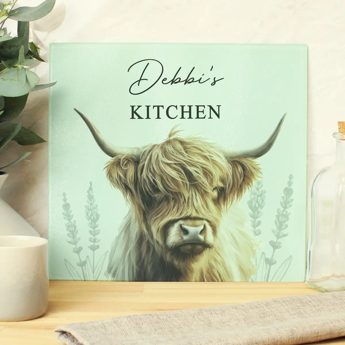 Personalised Highland cow glass chopping board