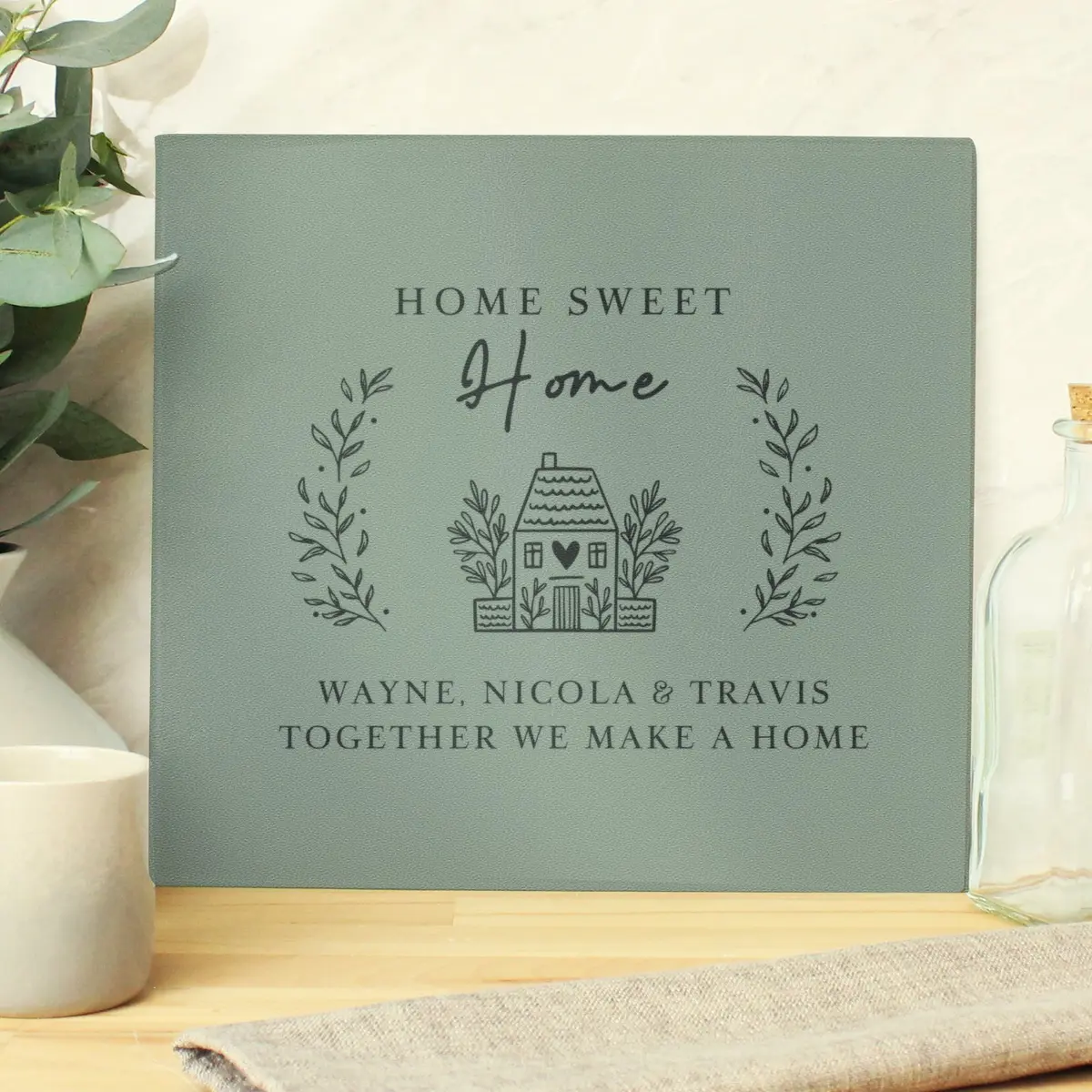 Glass chopping board and worktop saver with personalised text