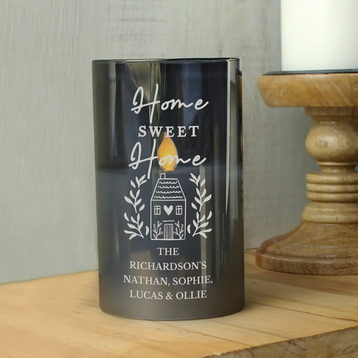Frosted glass LED candle with Home Sweet Home text and personalised lines