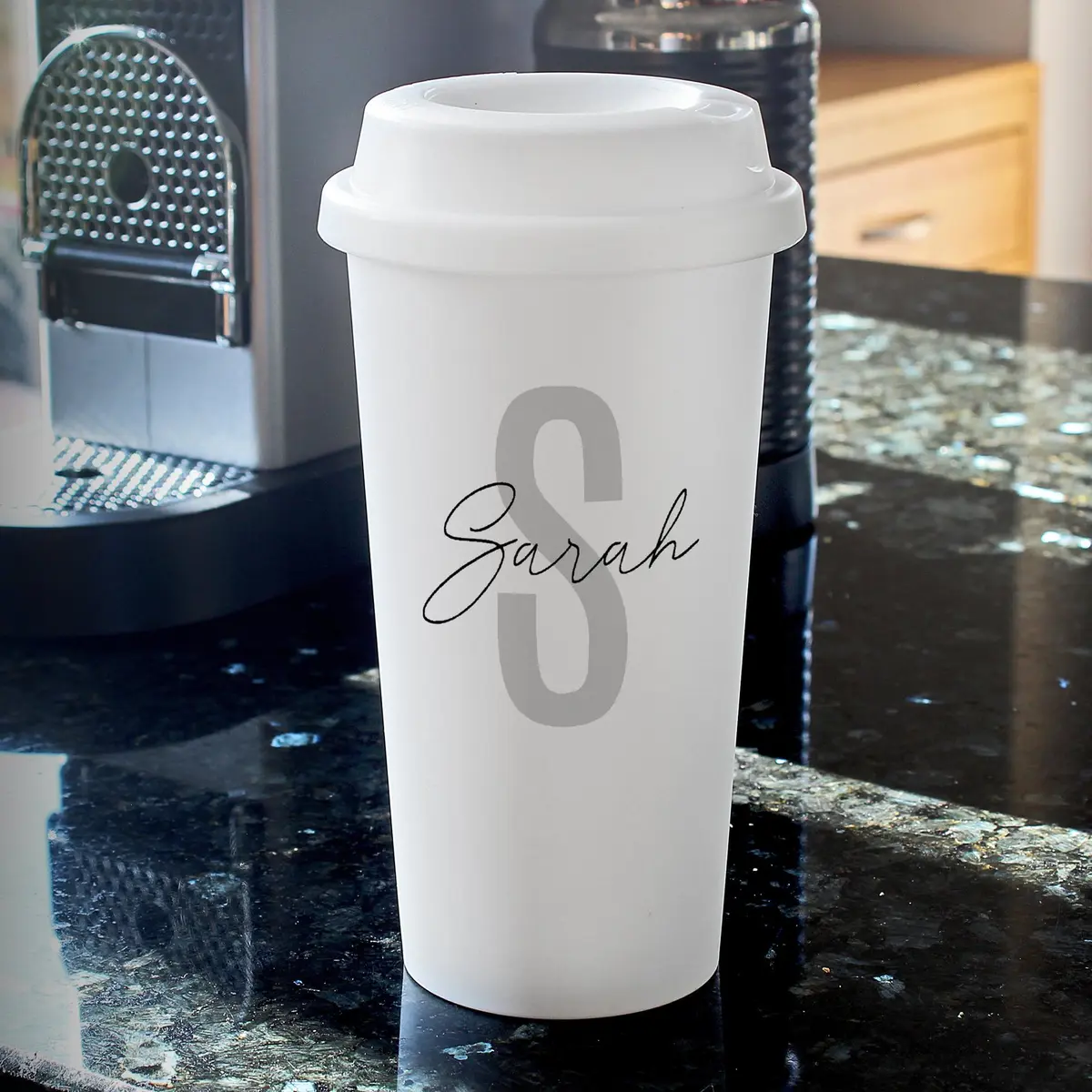 Personalised initial and name travel cup with screw-on lid