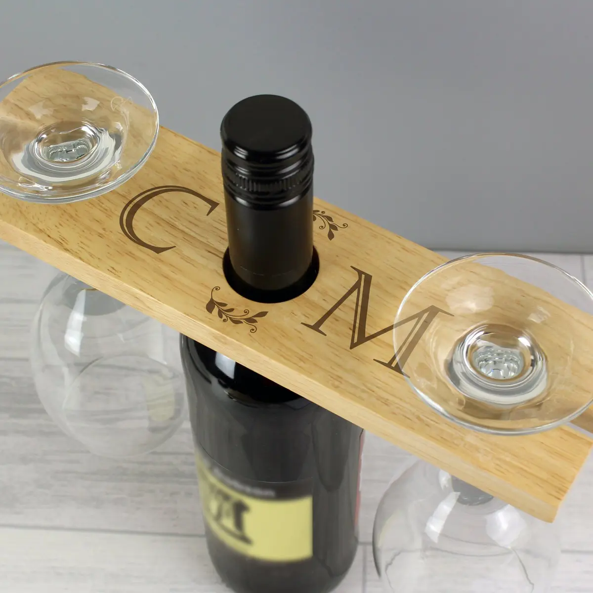 Wooden wine bottle and glass holder with two initials
