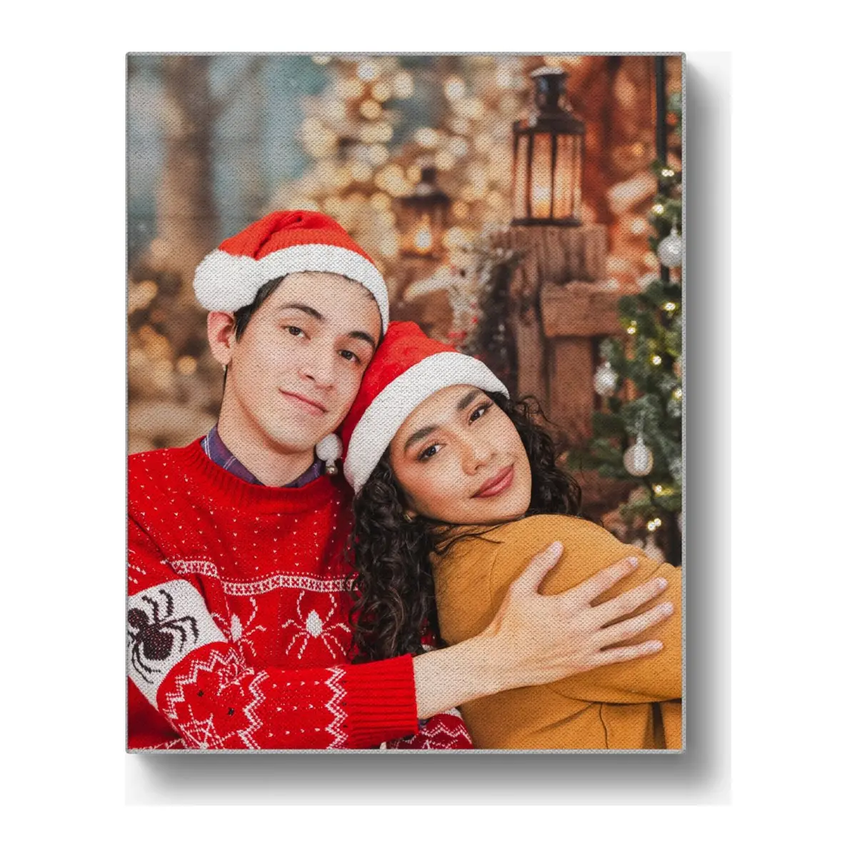 Large canvas printed with a couple in Christmas hats