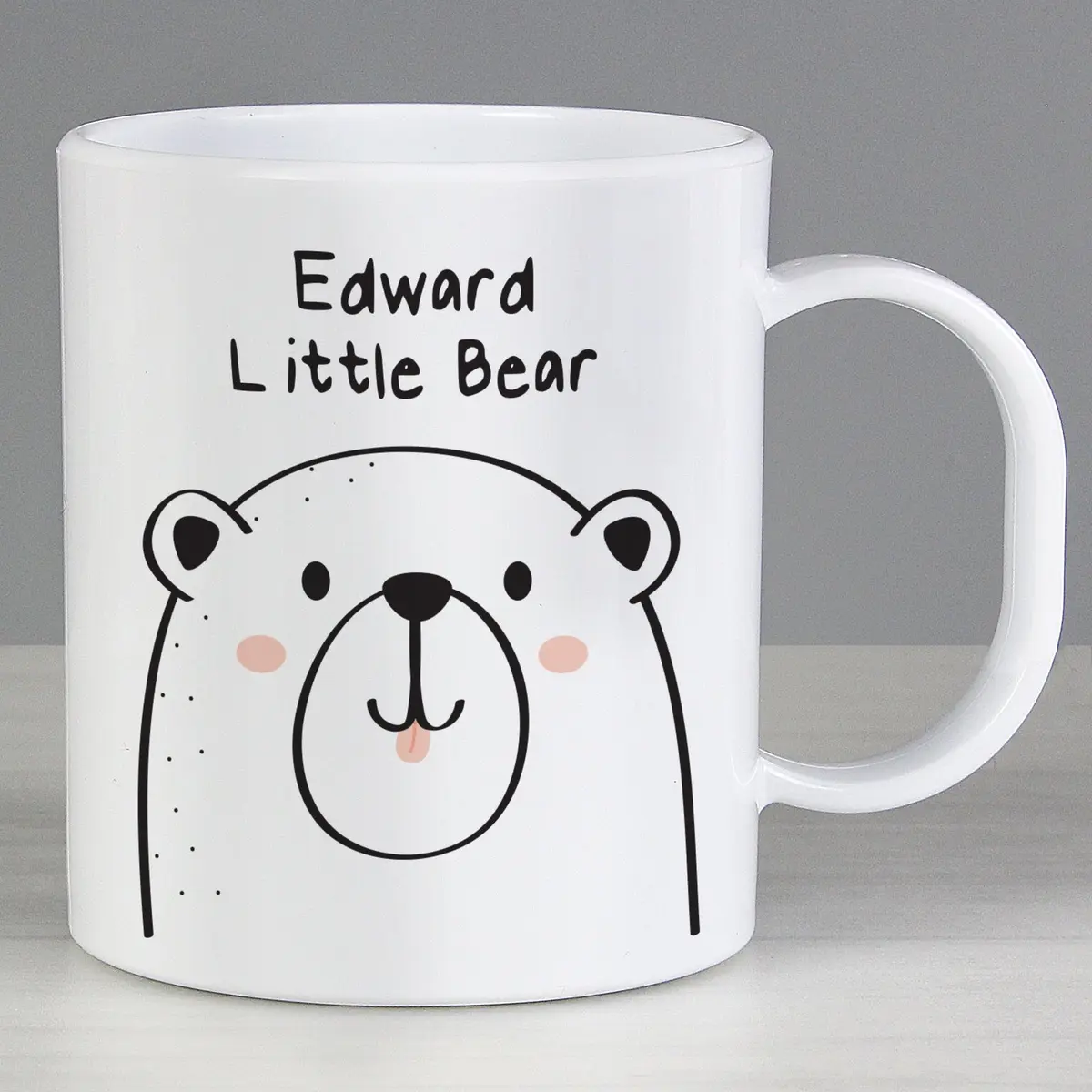 Plastic mug with Little Bear text and a personalised name on the front