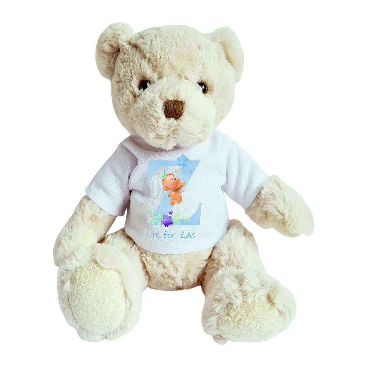 Personalised teddy bear for baby boys wearing a printed blue initial and teddies shirt