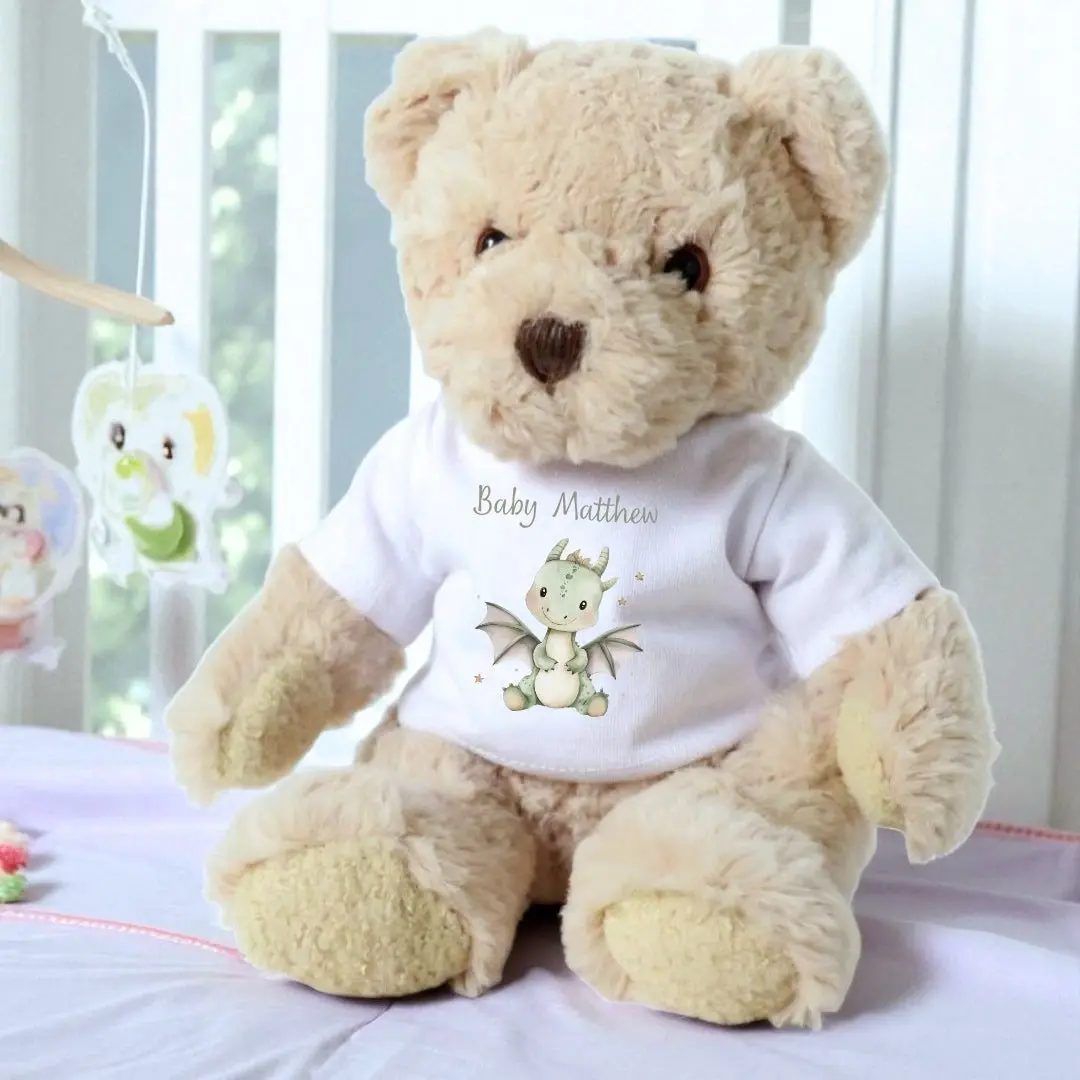 Personalised teddy bear in a T-shirt with a cute little dinosaur design