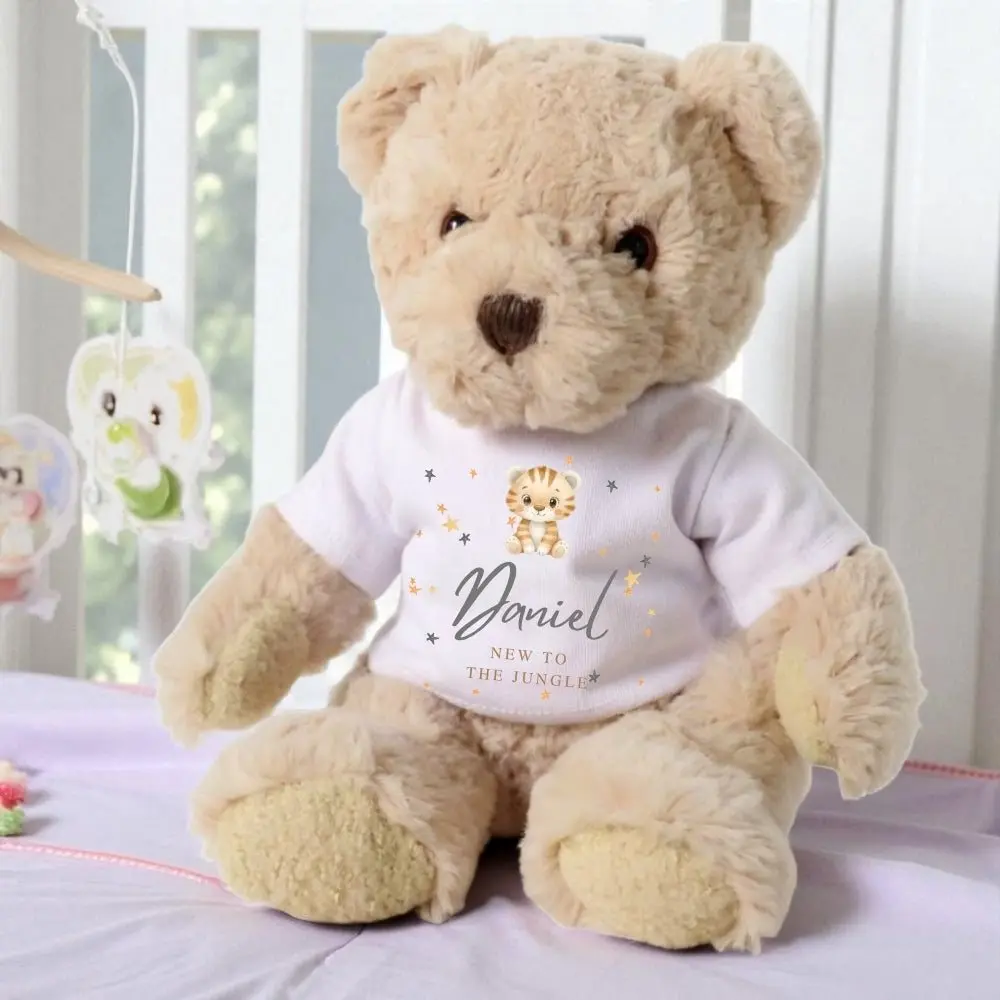 Personalised teddy bear in a New to the Jungle T-shirt with a tiger and stars