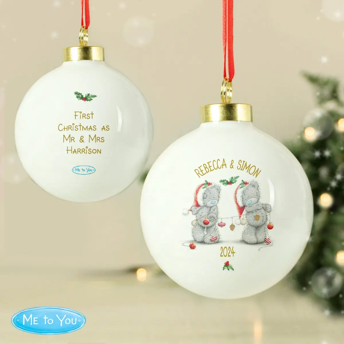 Personalised Me To You Christmas couple's bauble with ribbon