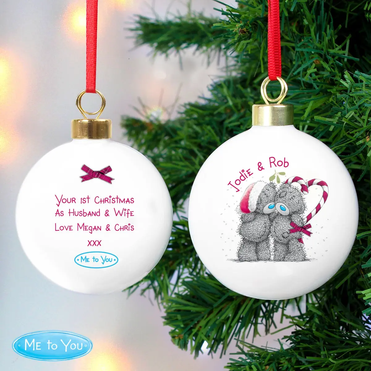 Personalised Me To You couple Christmas bauble with ribbon
