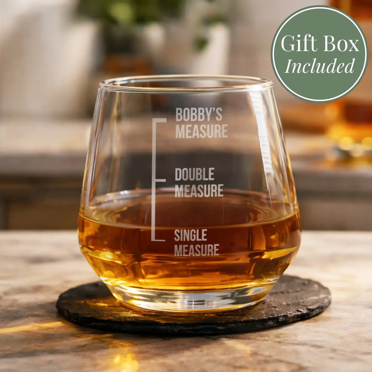 Whisky tumbler with MEASURE wording and a personalised name
