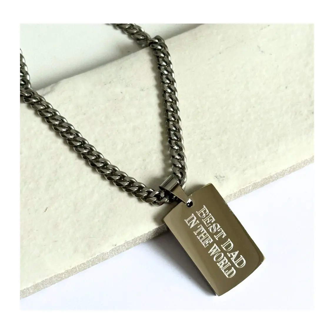 Men's chunky chain necklace with a rectangle pendant, personalised with your words