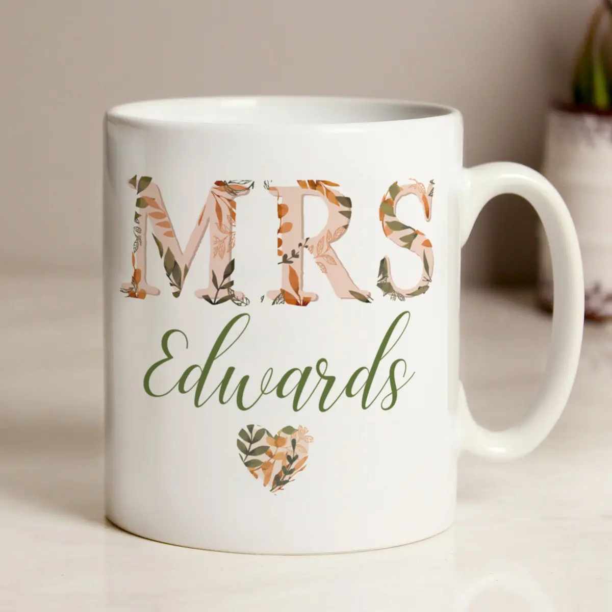 Autumnal Mrs ceramic mug personalised with a surname